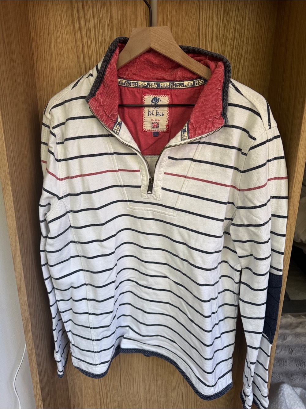 Fat Face White Striped Quarter-Zip Sweater with Navy and Red Trim